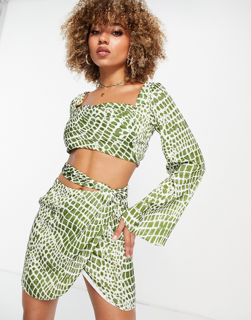 ASOS DESIGN long sleeve cowl front top in olive animal print - part of a set-Multi