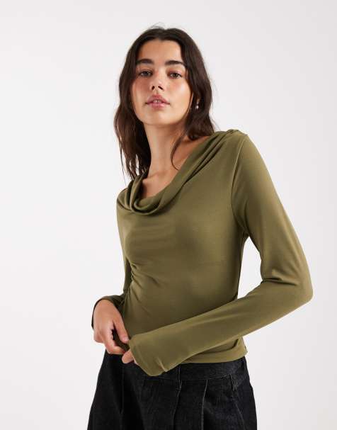 ASOS DESIGN long sleeve cowl neck top co-ord with twist detail in khaki - view 1