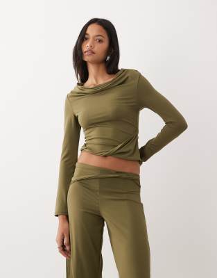 Asos Design Long Sleeve Cowl Neck Top With Twist Detail In Multi