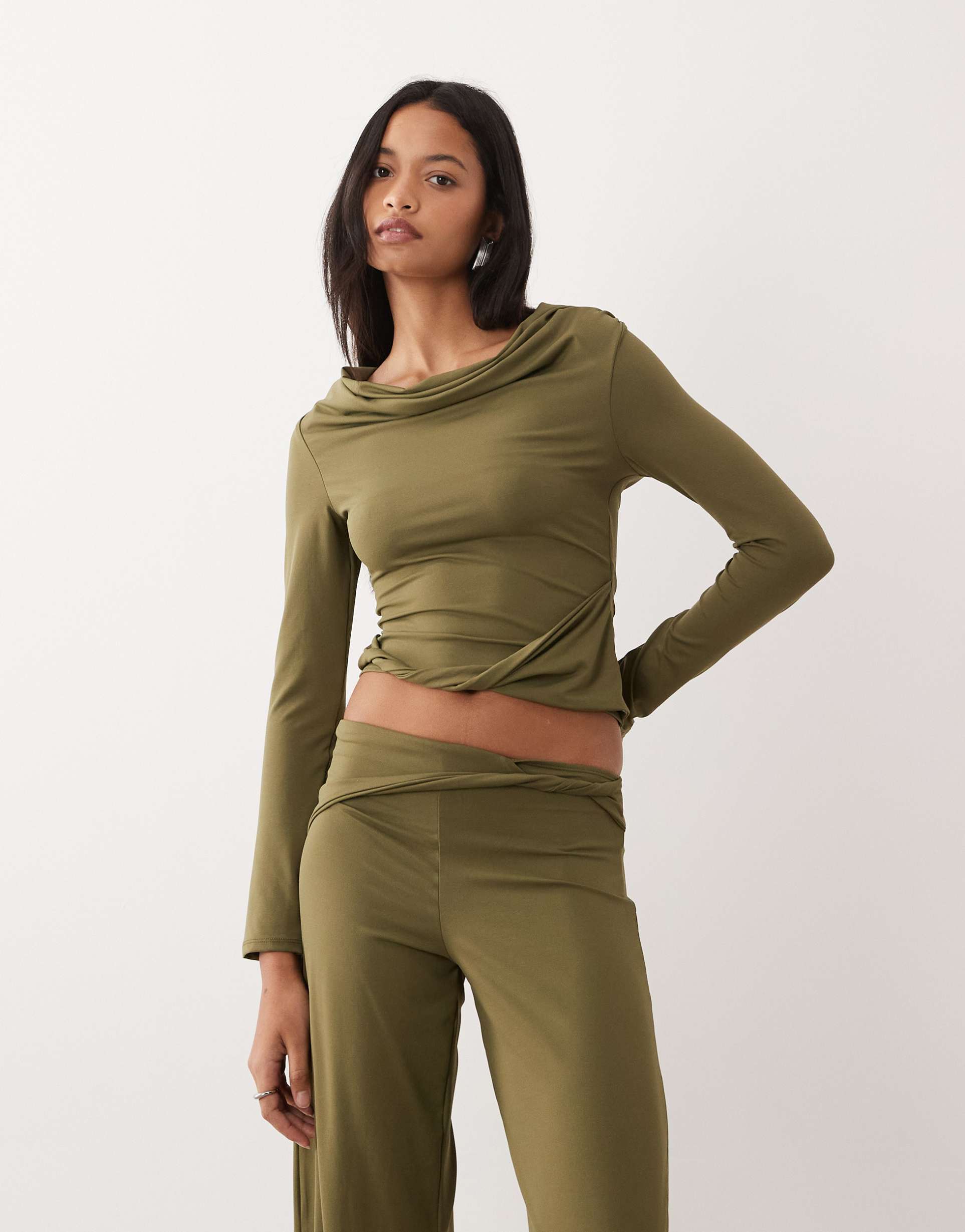 asos design long sleeve cowl neck top with twist detail in khaki - part of a set