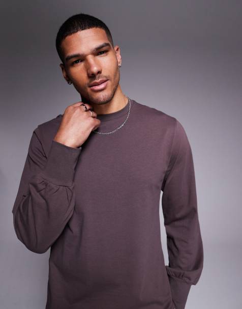 ASOS DESIGN long sleeve crew neck t-shirt with longer cuff in brown - view 1