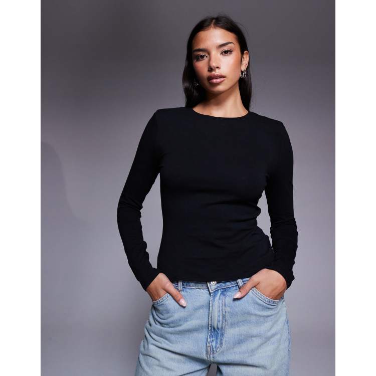 ASOS DESIGN long sleeve crew neck top with shoulder pads in black