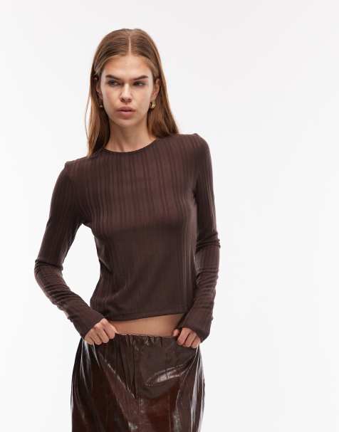 ASOS DESIGN long sleeve crew neck top with thumb holes in chocolate - view 1