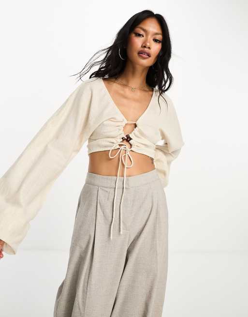 White Bell Sleeve Crop Top - Button Up Crop Top - White Front Tie