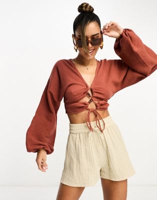 Asos Design Long Sleeve Crinkle Top With Lace Up Lattice Detail In Rust-copper