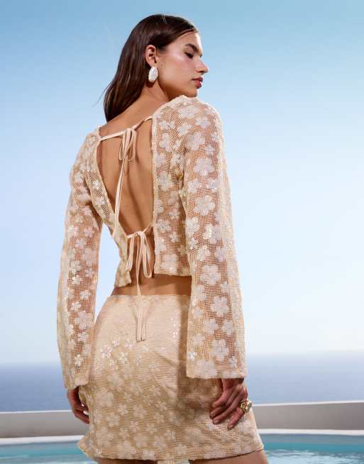 ASOS DESIGN long sleeve crochet floral sequin backless top in cream - part of a set