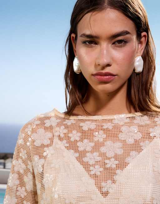 ASOS DESIGN long sleeve crochet floral sequin backless top in cream - part of a set