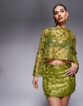 [ASOS DESIGN] ASOS DESIGN long sleeve crochet floral sequin backless top in olive green (Part of a set) 4 Olive
