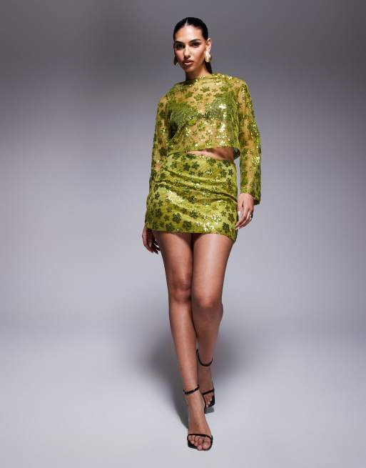 ASOS DESIGN long sleeve crochet floral sequin backless top in olive green - part of a set