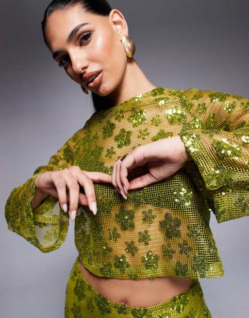 ASOS DESIGN long sleeve crochet floral sequin backless top in olive green - part of a set