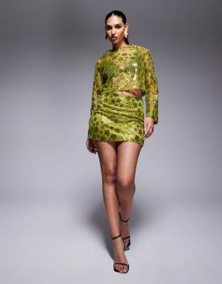 Asos Design Long Sleeve Crochet Floral Sequin Backless Top - Part Of A Set-green In Green
