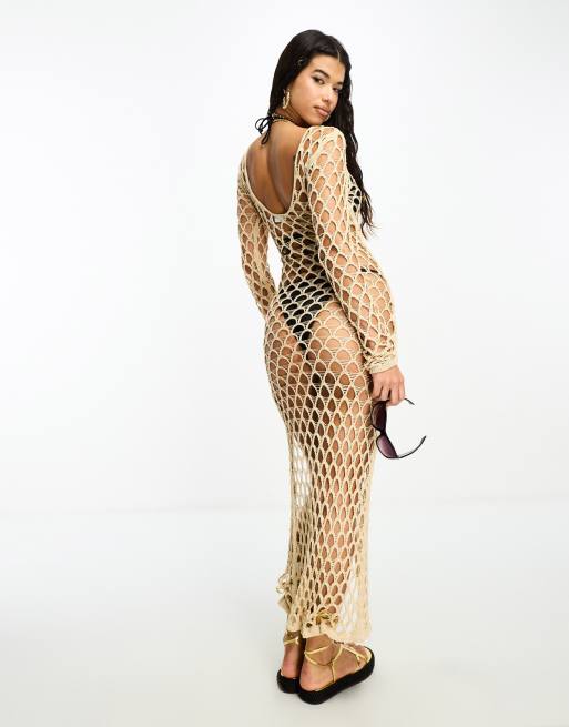 Gold crochet hot sale beach dress