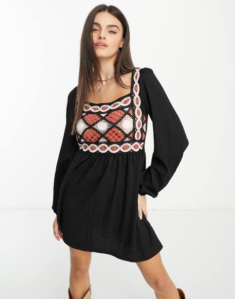 ASOS DESIGN long sleeve crochet mini dress in black - view 1