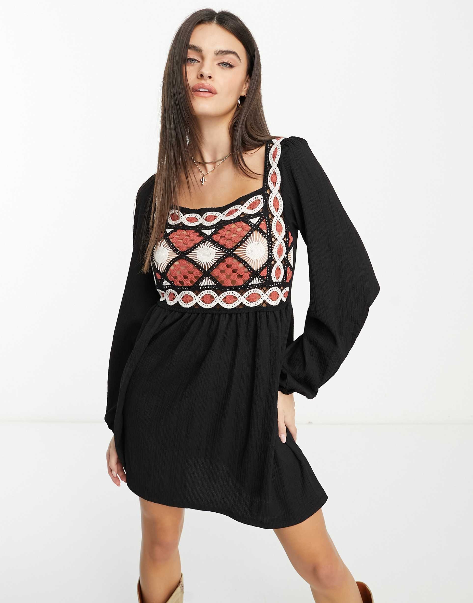 asos design long sleeve crochet mini dress in black