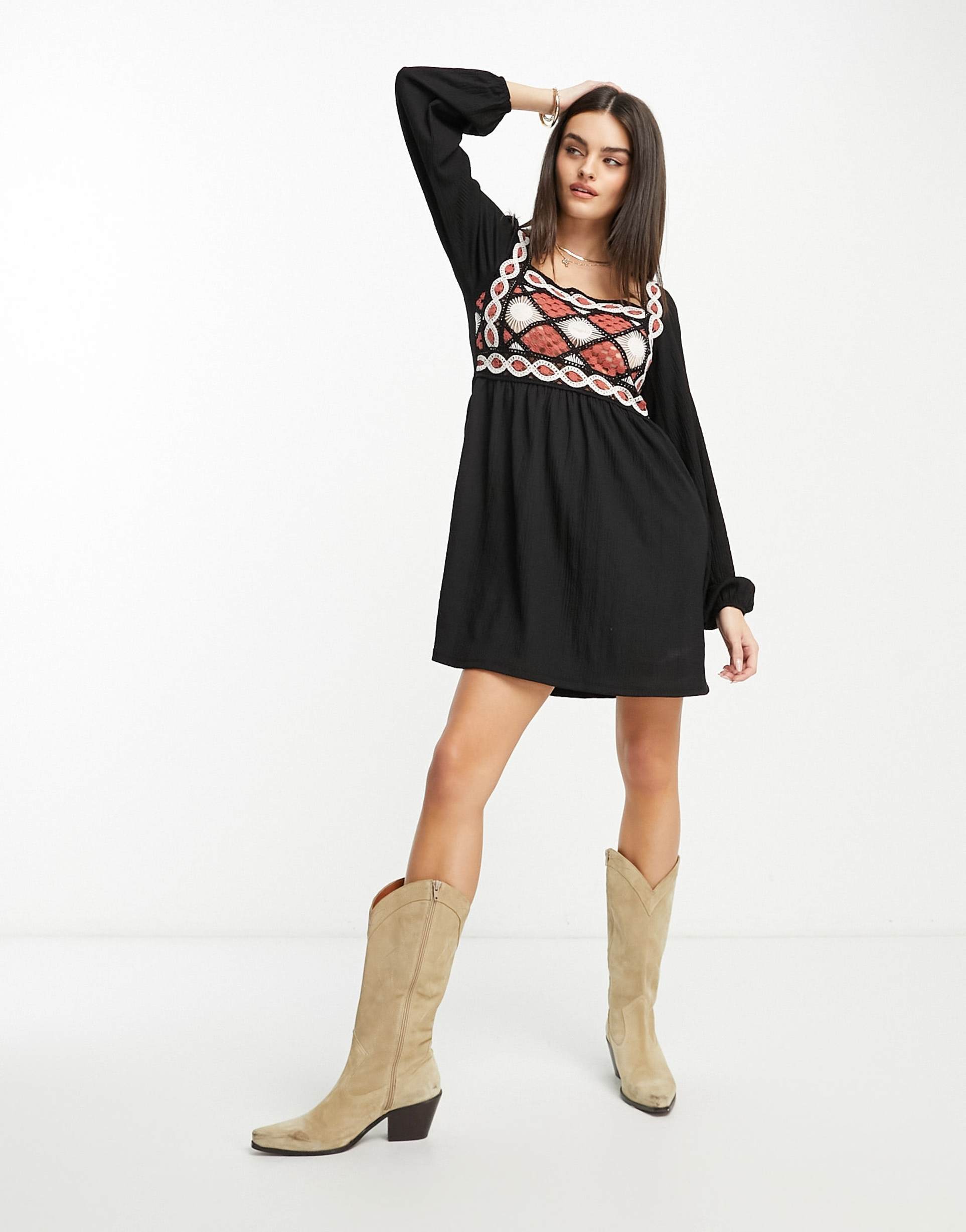 asos design long sleeve crochet mini dress in black