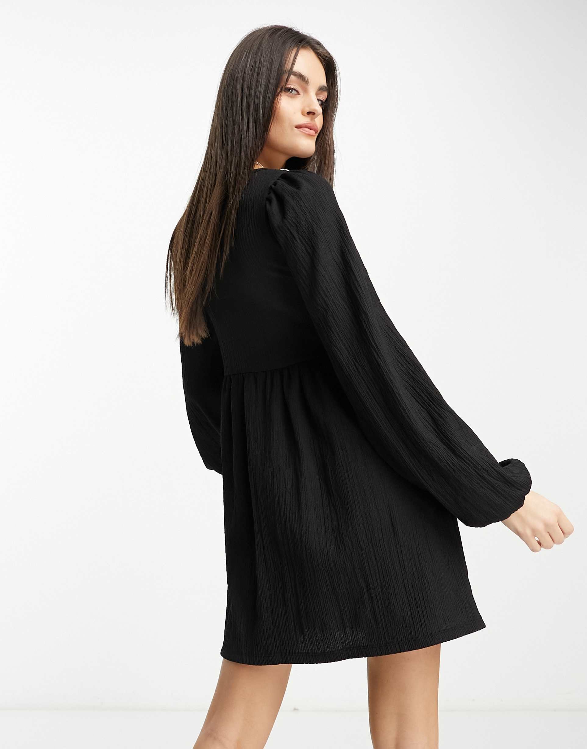asos design long sleeve crochet mini dress in black