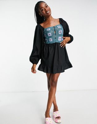 ASOS DESIGN long sleeve crochet mini smock dress in black