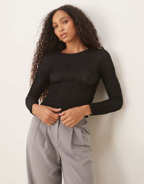 ASOS DESIGN long sleeve crochet ruffle top in black - view 1