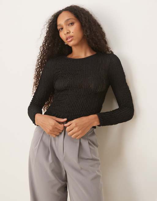 ASOS DESIGN long sleeve crochet ruffle top in black