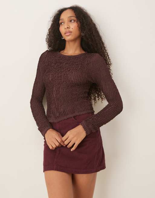 ASOS DESIGN long sleeve crochet ruffle top in brown