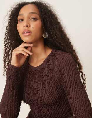 Asos Design Long Sleeve Crochet Ruffle Top In Brown