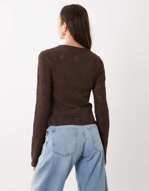 ASOS DESIGN long sleeve crochet top in chocolate, 4 of 4