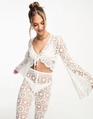 ASOS DESIGN long sleeve crochet top with tie front co-ord in white