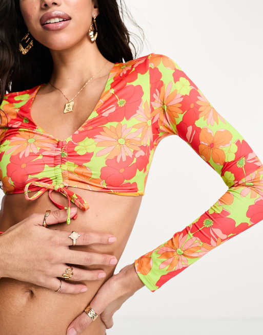 Floral Print Long Sleeve Bikini Crop Top For Women Perfect For