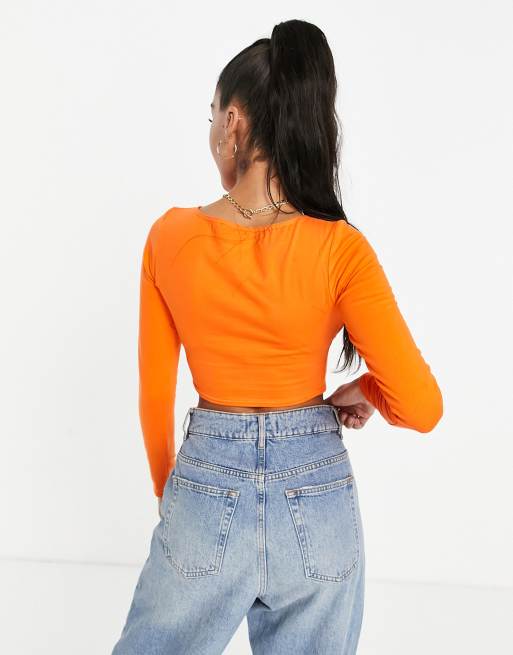 ASOS LUXE lace long sleeve crop top with puff sleeves in orange - part of a  set