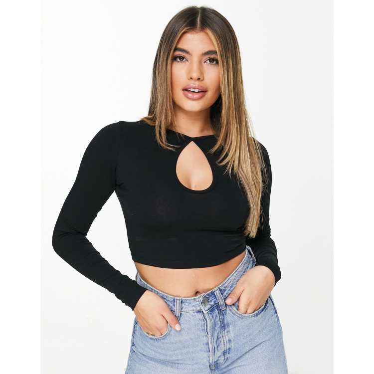 Black long sleeve store keyhole top