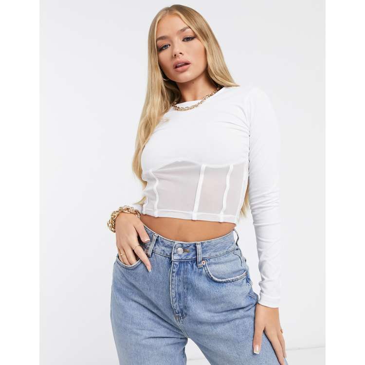 ASOS DESIGN long sleeve crop top with mesh corset detail in white