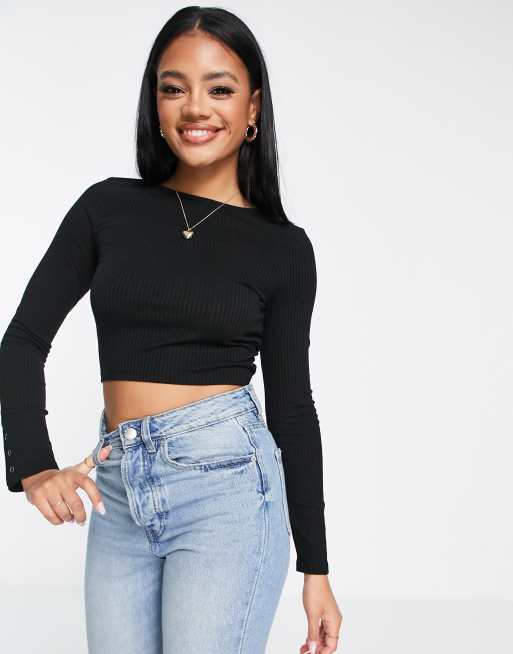 ASOS DESIGN long sleeve crop top with v wire in black