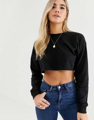 ASOS DESIGN long sleeve crop top with rib cuff in black