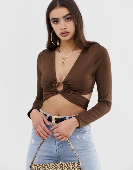 Asos Design Long Sleeve Crop Top With Ring Detail And Tie Back Asos