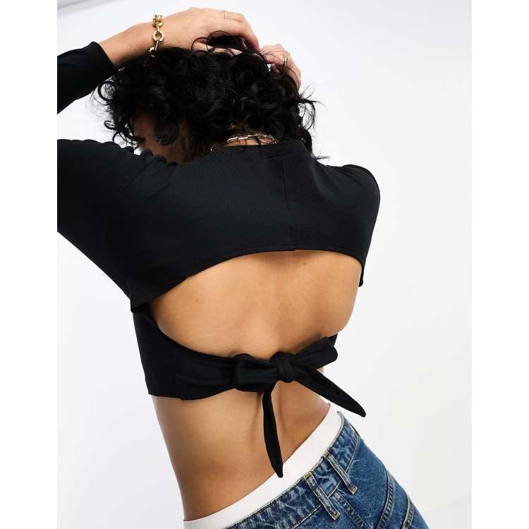 Long Sleeve Sports Crop Top With Open Back - Sand