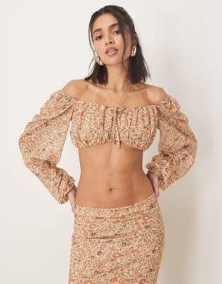Asos Design Long Sleeve Cropped Milkmaid Top In Multi