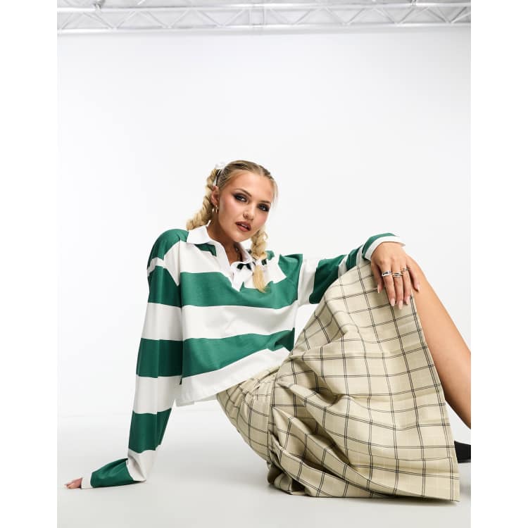 ASOS DESIGN long sleeve cropped rugby shirt in green stripe ASOS