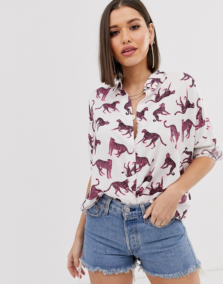 ASOS DESIGN long sleeve cropped shirt in leopard print-Multi