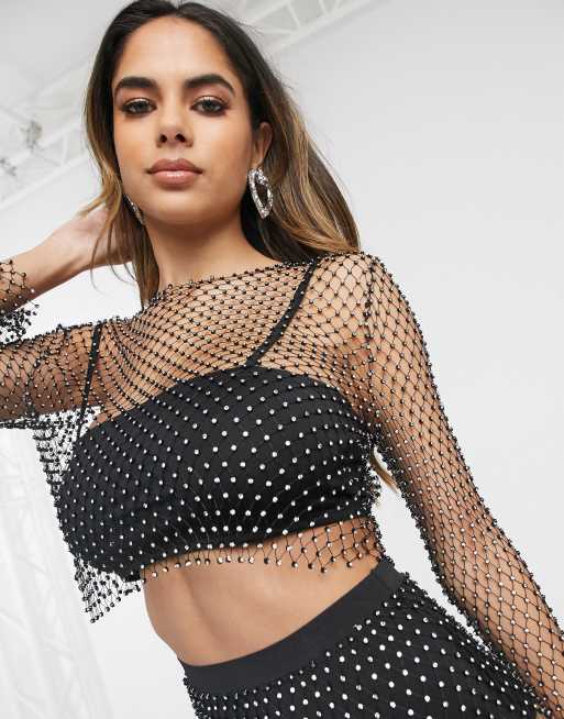 Glittery Rhinestone Mesh Long Sleeve Embellished Crop Top - Black