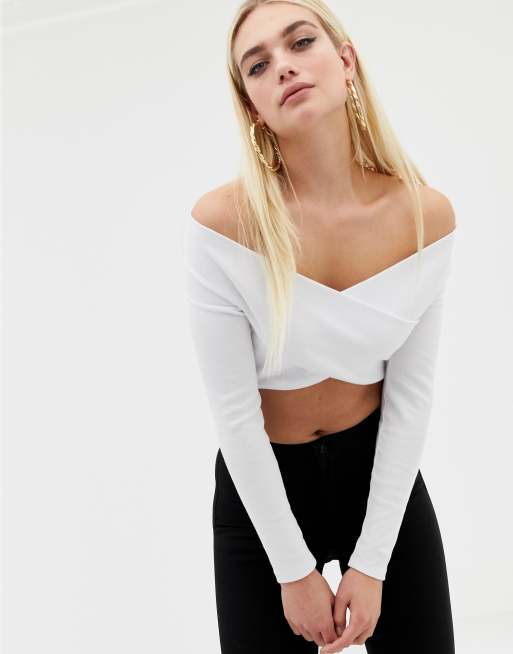 ASOS DESIGN cross over bardot top with long sleeve