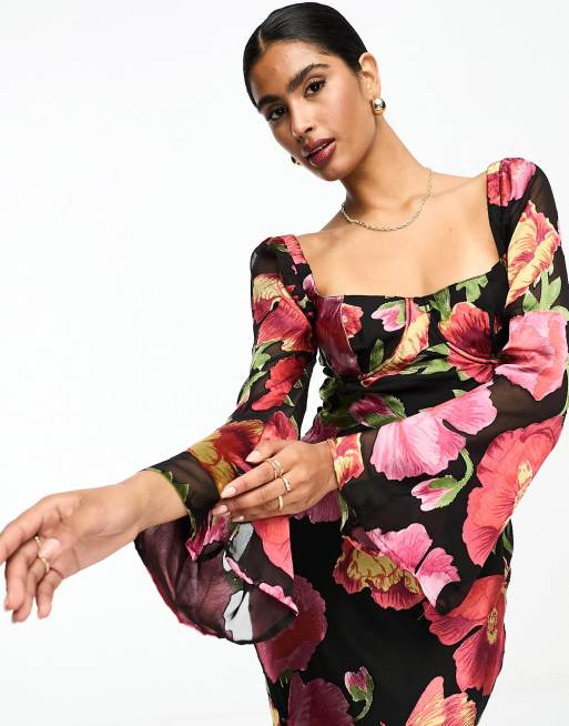 ASOS DESIGN long sleeve midi dress with ruching in bright floral mesh