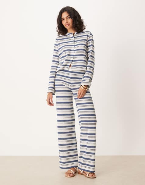 ASOS DESIGN long sleeve cut and sew striped top and pants set in ivory - view 1