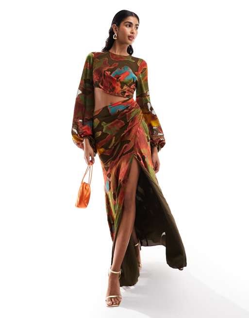 ASOS DESIGN long sleeve cut out bias maxi dress in abstract burnout print