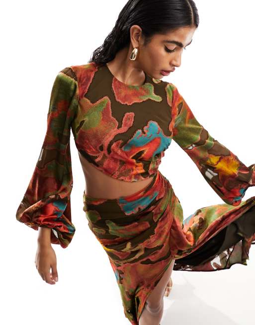 ASOS DESIGN long sleeve cut out bias maxi dress in abstract burnout print, 2 of 4