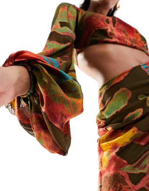 ASOS DESIGN long sleeve cut out bias maxi dress in abstract burnout print, 3 of 4