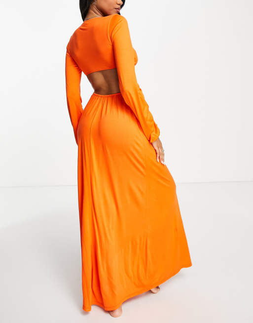 ASOS DESIGN long sleeve cut out detail beach maxi dress in orange | ASOS