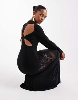 Asos Design Long Sleeve Cut Out Lace Detail Maxi Dress In Black