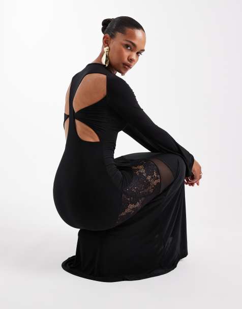 ASOS DESIGN long sleeve cut out lace detail maxi dress in black - view 1