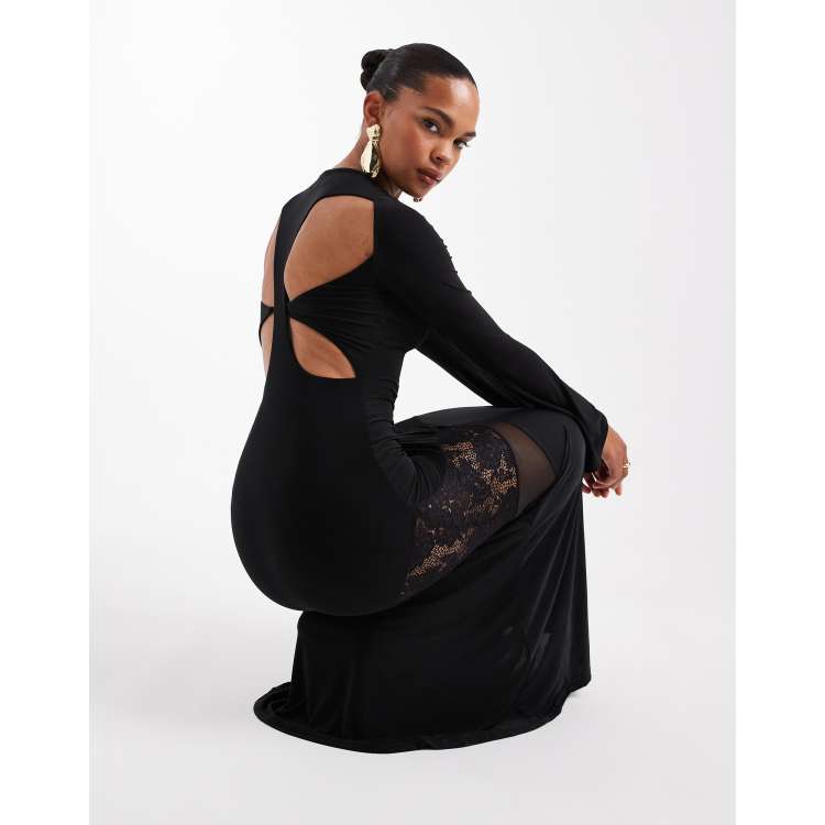 ASOS DESIGN long sleeve cut out lace detail maxi dress in black | ASOS