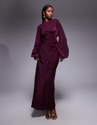 Asos Design Long Sleeve Cut Out Maxi Dress With Knot Back Detail In Purple